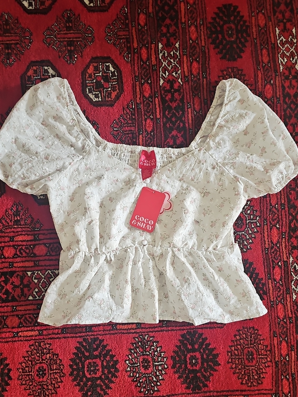 Coco & Shay Cream Floral Puff-Sleeve Peplum Top